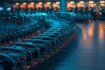 Obraz premium Airport baggage carts waiting to be loaded onto a plane, Futuristic , Cyberpunk