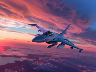 The sky ablaze with sunset colors as a fighter plane takes flight    , Futuristic , Cyberpunk