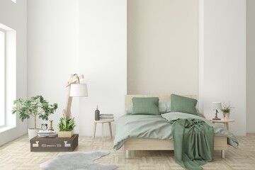 White bedroom concept. Scandinavian interior design. 3D illustration
