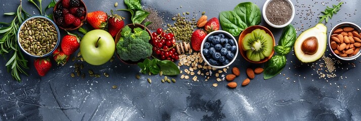 Healthy food clean eating selection: fruit, vegetable, seeds, superfood, cereal, leaf vegetable on gray concrete background. National Eat Your Vegetables Day. International Fruit Day. copy space