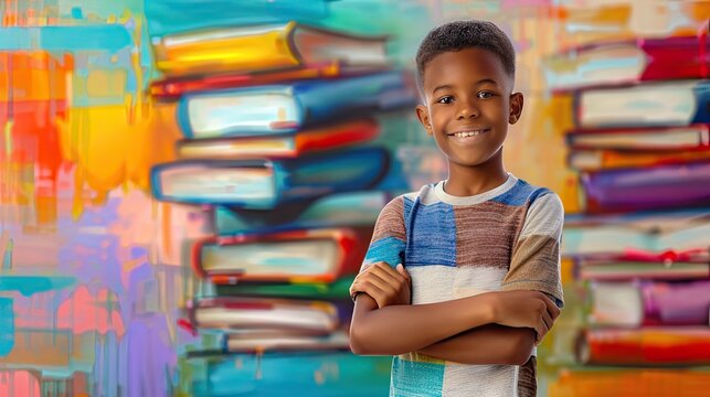 Portrait of african american schoolboy leaning on desk with classmates in background. Happy young kid sitting and leaning chin on stacked books. Portrait of elementary pupil looking at camera.