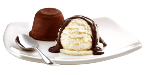 prato com sobremesa petit gâteau acompanhado de sorvete de baunilha e calda de chocolate isolado em fundo transparente