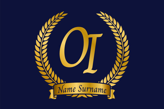 Initial letter O and I, OI monogram logo design with laurel wreath. Luxury golden calligraphy font.
