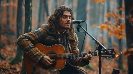 Obraz na płótnie Canvas Man Playing Guitar in Forest