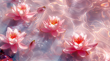 Floating Water Lily Blossoms: A Minimalist Top View in Sparkling Pink Water with Bright Ripples and Clear Texture