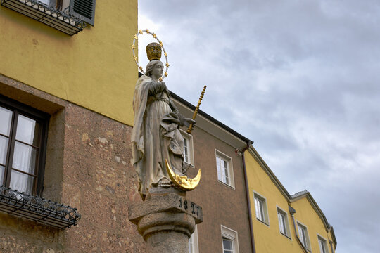 Hall, Austria – September 21, 2023. Fountain Statue in Old Town Square Hall in Tyrol Austria. The statue on top of the fountain in the old town square of Hall in Tirol, Austria.

