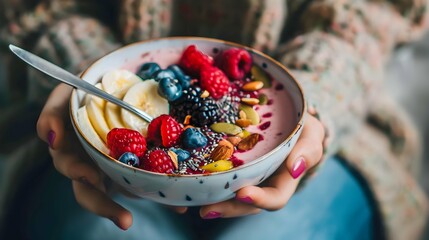 Woman eating healthy smoothie bowl