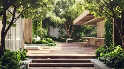 Fototapeta na wymiar Wooden terrace surrounded by greenery