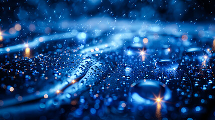 Beautiful futuristic dark blue background with fluid drops and golden glitters. Copy space
