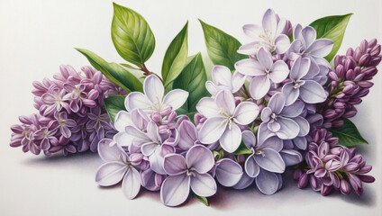 Realistic pastel drawing of Purple and white lilacs, with soft shading and delicate details, using pastel pencils. - obrazy, fototapety, plakaty