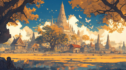 Temple of Ayutthaya, Thailand. Digital painting. - obrazy, fototapety, plakaty