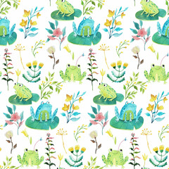 Watercolor pattern with cute frogs in cartoon style