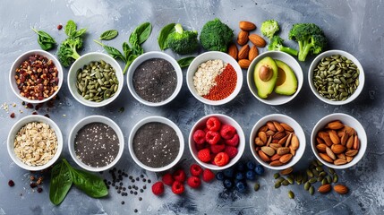 Healthy food clean eating selection: fruit, vegetable, seeds, superfood, cereal, leaf vegetable on gray concrete background. National Eat Your Vegetables Day. International Fruit Day. copy space