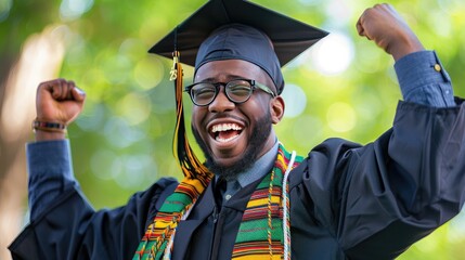 Triumphant milestone! Black college grad in cap and gown. Inspiring achievement captured. Celebrate success.