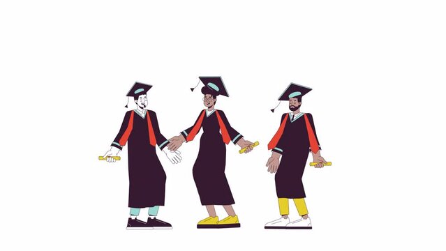Throw caps students jumping line cartoon animation. University graduation 4K video motion graphic. Multicultural graduates mortarboard hats 2D linear animated characters isolated on white background