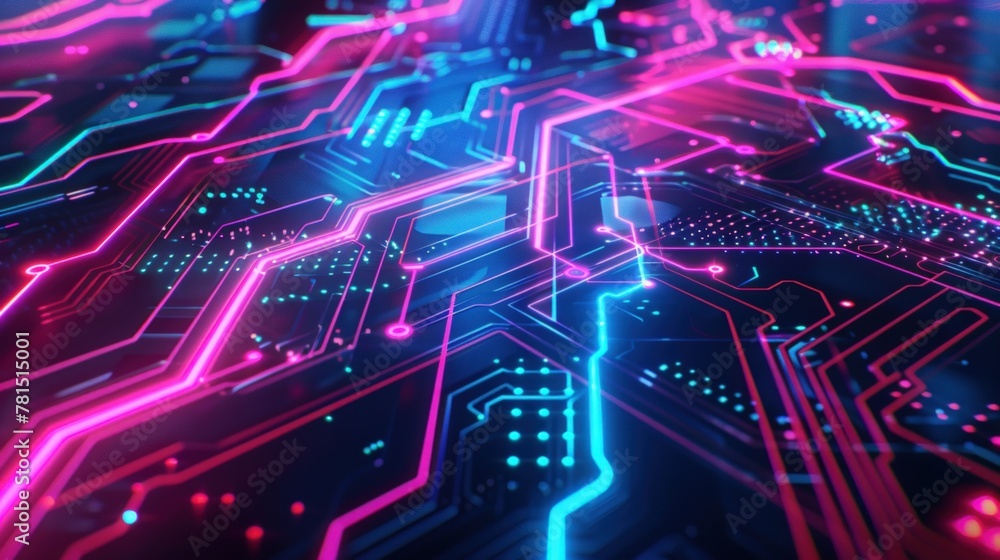 Poster abstract background with glowing neon lines and circuit. generate ai image