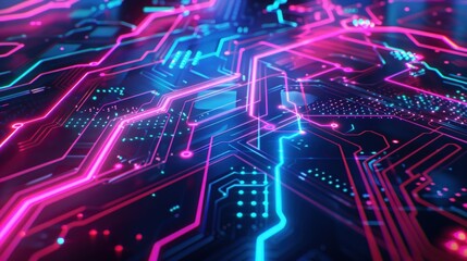 Obraz premium Abstract background with glowing neon lines and circuit. Generate AI image