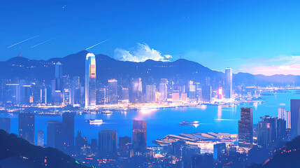 Hong Kong skyline at night with mountains and skyscrapers, China