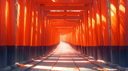 Futuristic corridor of the red torii gate in Kyoto, Japan
