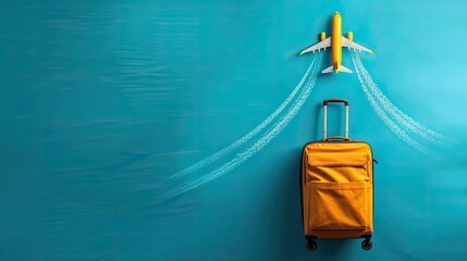 Vibrant blue backdrop, luggage, plane. Adventure awaits. Capture wanderlust. - obrazy, fototapety, plakaty