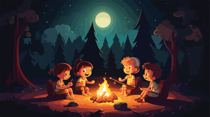 Kids sit around a campfire in the wood at night wit - obrazy, fototapety, plakaty