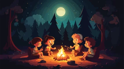 Foto op Canvas Kids sit around a campfire in the wood at night wit © zoni