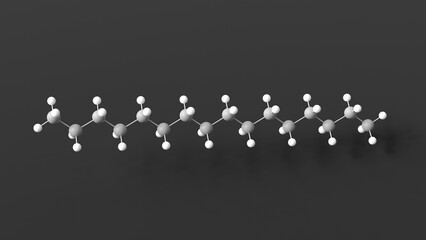 hexadecane molecular structure, alkane hydrocarbon, ball and stick 3d model, structural chemical formula with colored atoms