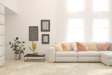White living room with sofa. Scandinavian interior design. 3D illustration