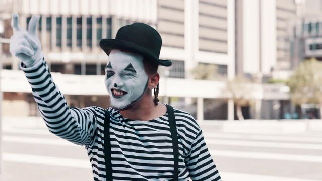 Thinking, mime and man in city with idea scratch head for joke, humor and crazy facial expression. Theatre, street performer and funny person with face paint for performance, entertainment and comedy
