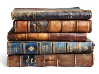 A stack of old books with brown, blue, and red covers.