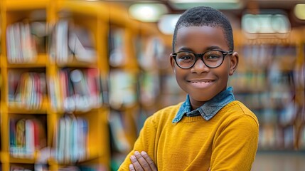 Portrait of african american schoolboy leaning on desk with classmates in background. Happy young kid sitting and leaning chin on stacked books. Portrait of elementary pupil looking at camera. - Powered by Adobe