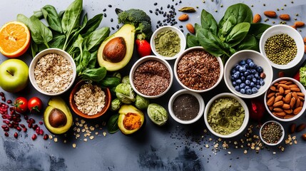 Healthy food clean eating selection: fruit, vegetable, seeds, superfood, cereal, leaf vegetable on gray concrete background. National Eat Your Vegetables Day. International Fruit Day. copy space