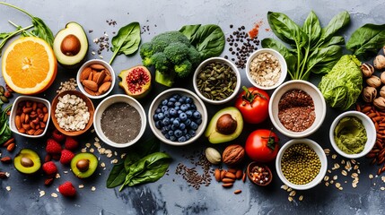 Healthy food clean eating selection: fruit, vegetable, seeds, superfood, cereal, leaf vegetable on gray concrete background. National Eat Your Vegetables Day. International Fruit Day. copy space