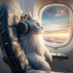A gray cartoon cat on an airplane sits with headphones near the window