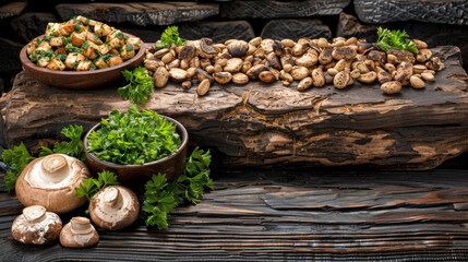 A wooden table with a variety of food items including mushrooms, beans, and nuts. Scene is inviting and appetizing