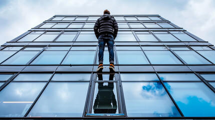A man is standing on a ledge of a building, looking out the window. The building is tall and has many windows. The man is wearing a black jacket and jeans. Concept of adventure and risk-taking