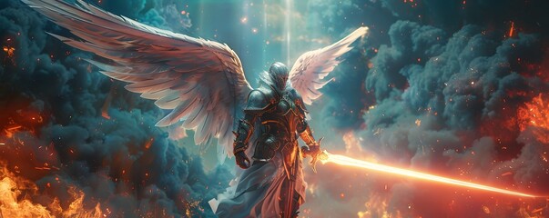 Awe Inspiring Angelic Warrior Wielding Radiant Celestial Energy in Dramatic Mystical Battlefield - obrazy, fototapety, plakaty