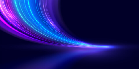 Modern abstract high speed movement. Dynamic motion light trails on dark blue background. Futuristic digital technology movement concept. Pattern for banner. Vector EPS10.