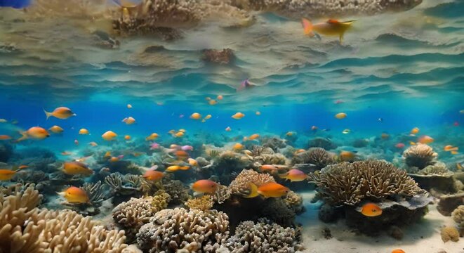 A colorful reef floor with multiple fish and blue water.