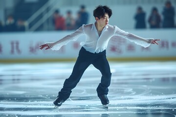 Graceful Figure Skater Performing Acrobatic Moves on Ice Rink during Winter Sports Competition