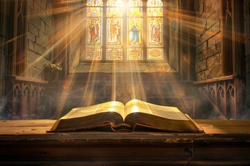 An open Bible on the altar table with bright rays of light. Generate AI image - obrazy, fototapety, plakaty