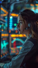 Obraz premium Mesmerizing Neon Lit Night Silhouette of a Thoughtful Young Woman in an Urban Cityscape