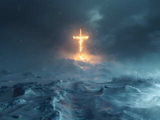 A fiery cross rises above a desolate landscape of snow and rocks. The sky is dark and stormy, with...