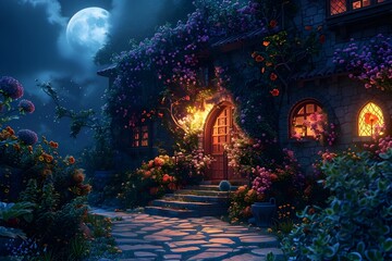 A Secret Garden That Blooms Only Under the Moonlight with Flowers Whispering Secrets to Passersby
