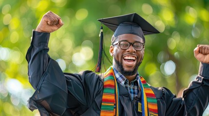 Triumphant milestone! Black college grad in cap and gown. Inspiring achievement captured. Celebrate success.