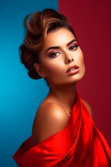 Alluring and Captivating Female Portrait in Dramatic Red and Blue Lighting