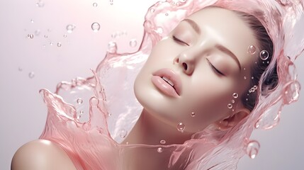 Serene Woman Enjoying Luxurious Skincare Ritual with Splashing Water and Bubbles in Peaceful Spa Setting