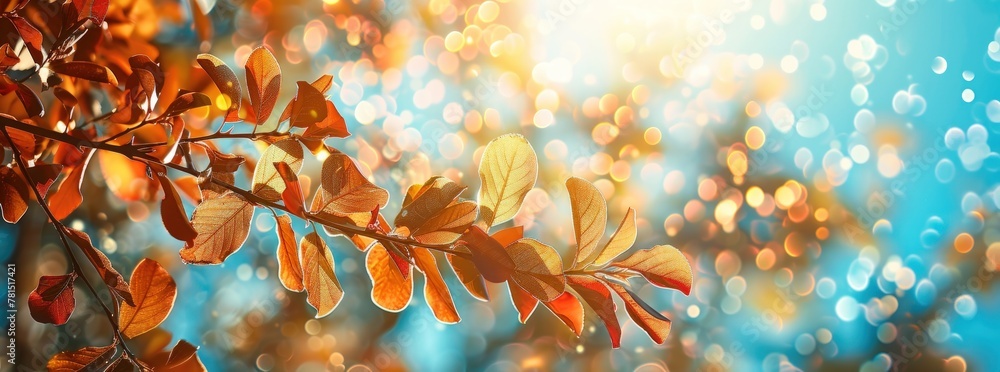 Poster autumn background with blurred leaves and shining sunlight. generate ai image