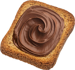 Bread rusk with hazelnut cream isolated on white background, top view