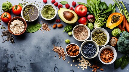 Healthy food clean eating selection: fruit, vegetable, seeds, superfood, cereal, leaf vegetable on gray concrete background. National Eat Your Vegetables Day. International Fruit Day. copy space